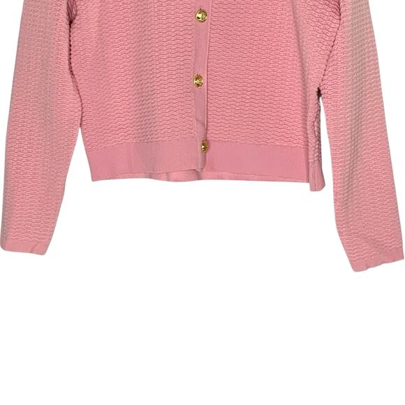 Greige L Womens Pink Knit Cardigan Sweater Gold Button Flower Detail Classic - Picture 5 of 9